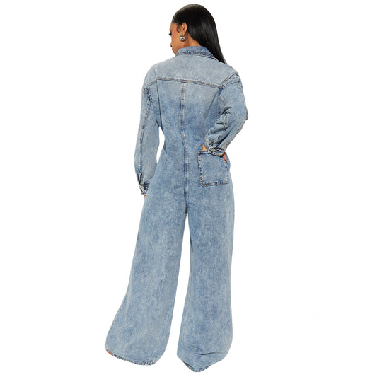 Stretchy Flared-leg Washed Denim Jumpsuit With Long Sleeves
