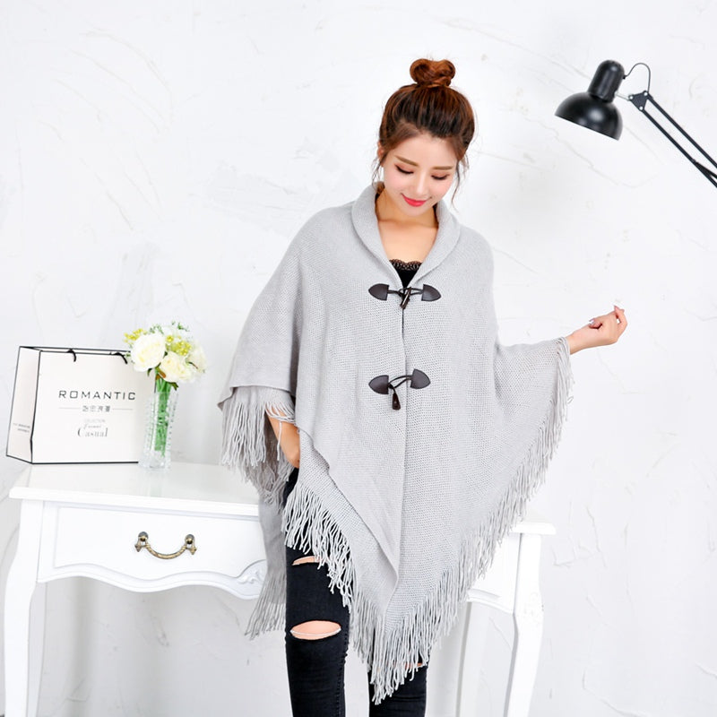 Fringed cloak shawl warmth and thick solid color