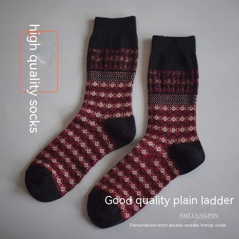 Mid Length Double Needle Christmas Artistic Retro Ethnic Style Long Socks