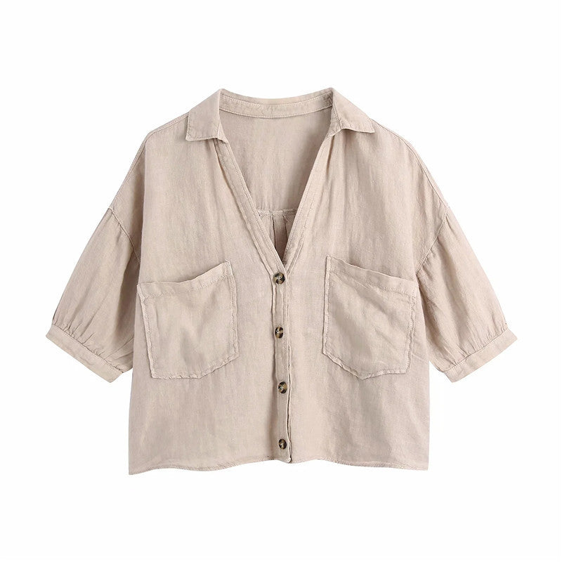 Women's Summer Solid Color Lapel Casual Short Shirt Top