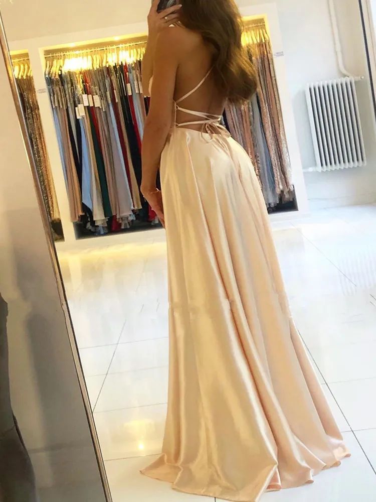 Elegante Maxi Kjole til Kvinder, Strand Satin Kjole med Slids og Snøre