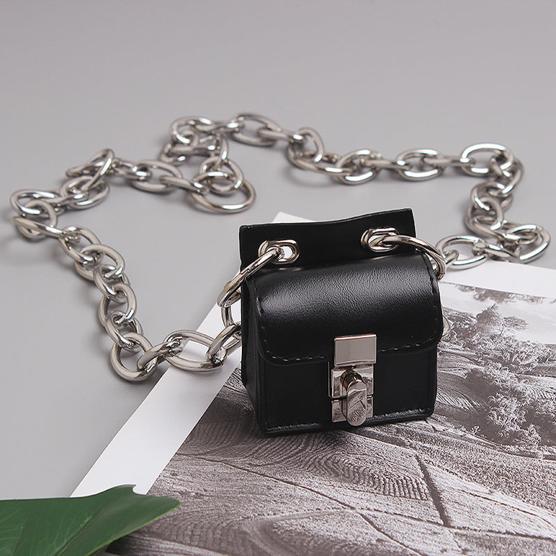 Functional Wind Dark Original Black Mini Earphone Bag Lock Small Square Bag Chain Messenger Bag