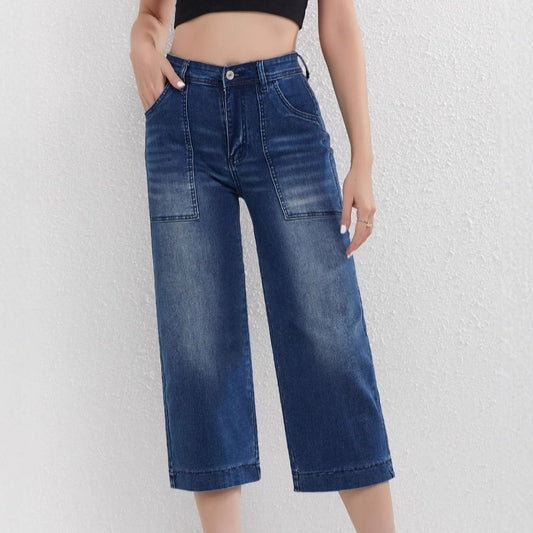 Cropped straight-leg-jeans i strækdenim