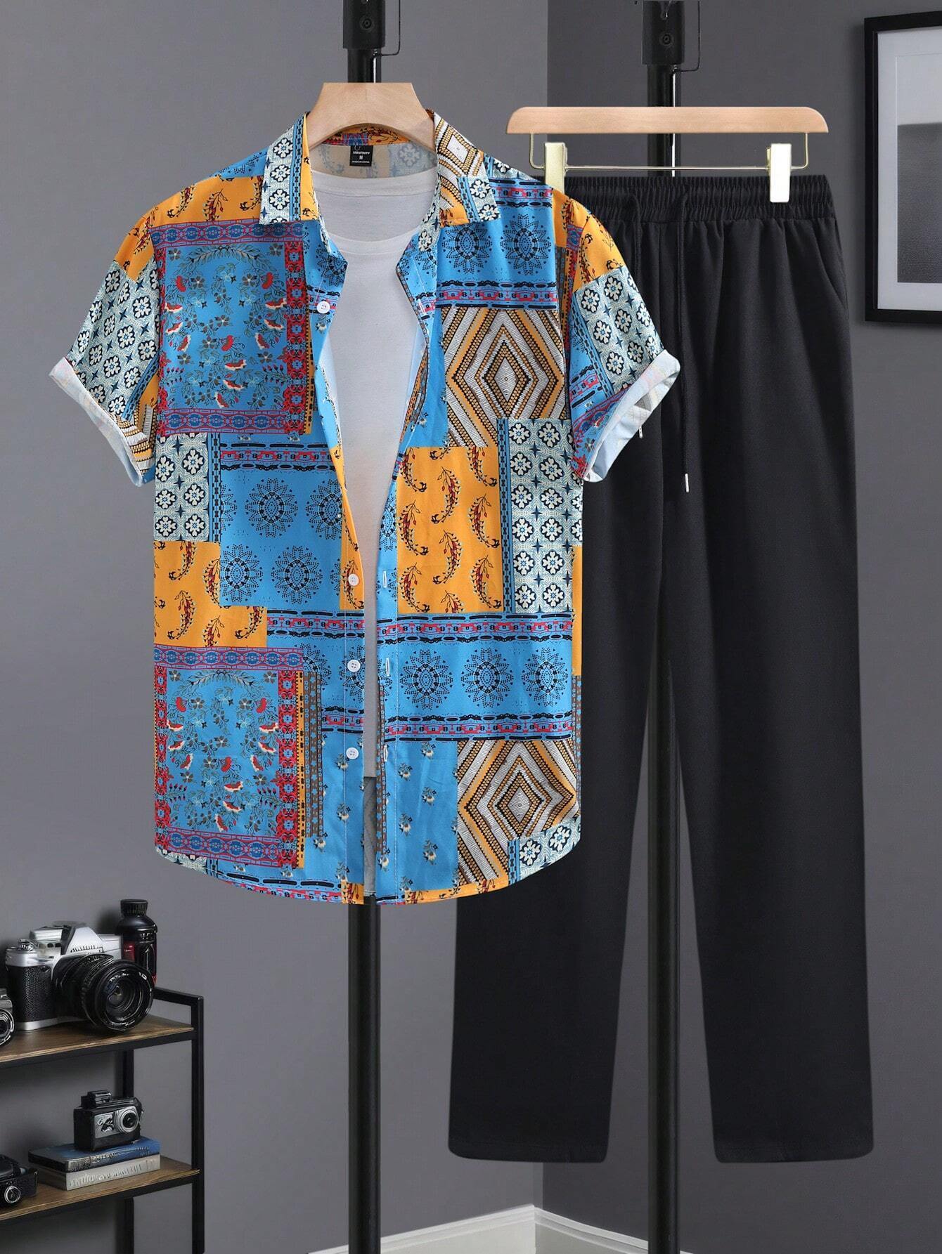 Casual Ethnic Style Short Sleeve Shirt Trousers Suit