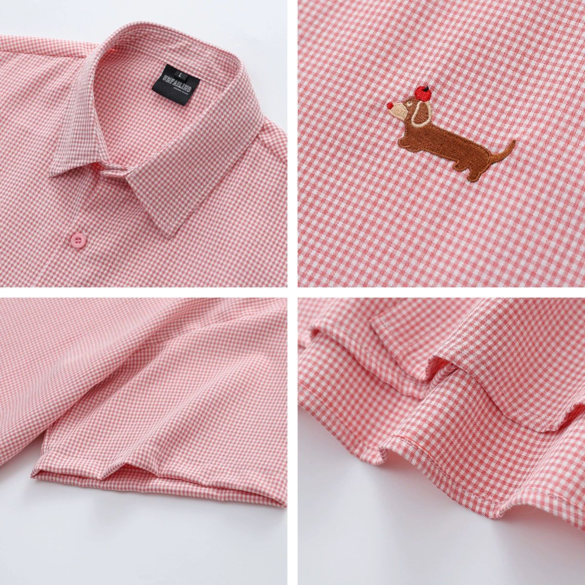American Retro Dachshund Funny Embroidery Short Sleeve Plaid Shirt