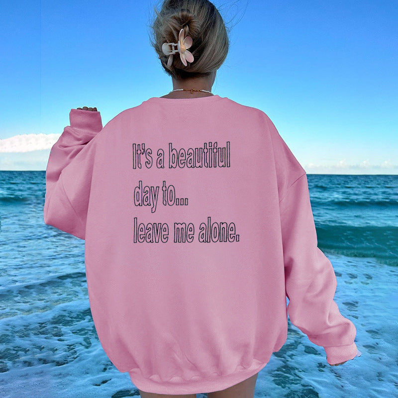 Pure Color All-matching Embroidered Pullover Brushed Loose Sweatshirt