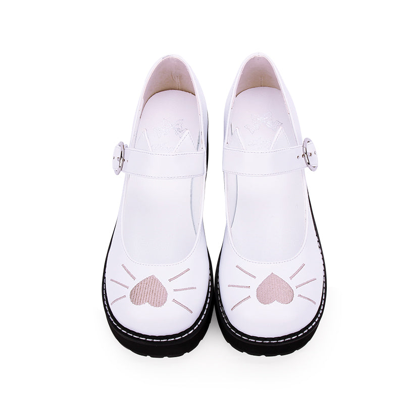 Round Toe Lolita Original Embroidery Cat Love Platform Shoes