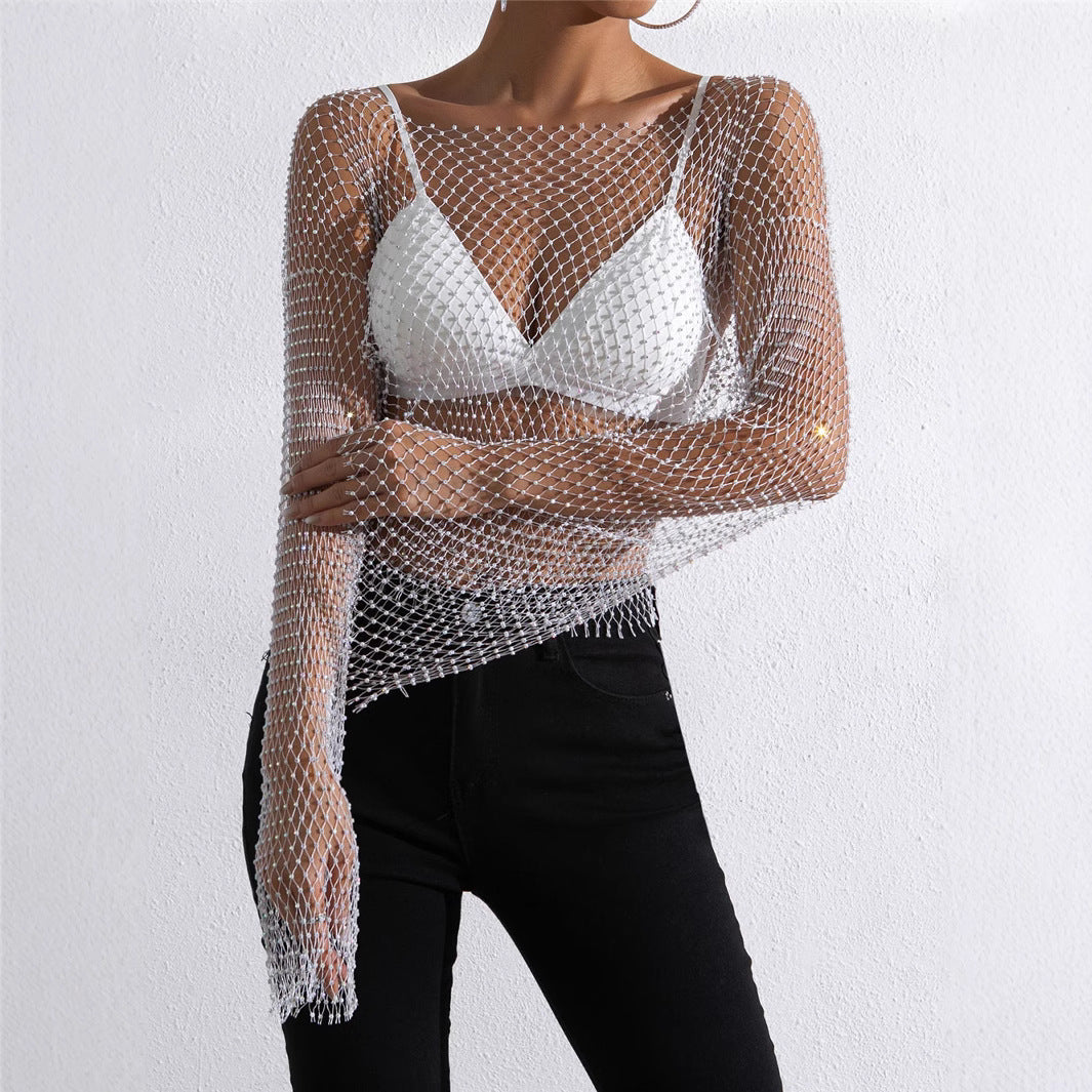 Fishnet Rhinestone Sexy Hollow-Out Summer Beach Womens T-Shirt Top