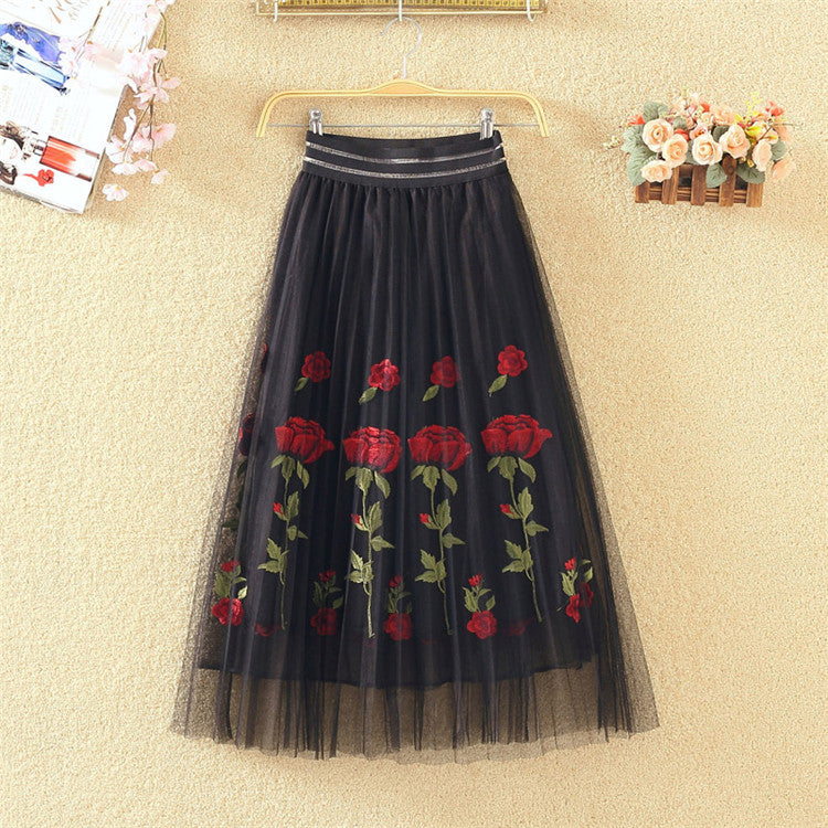 Embroidered Floral Pleated Mesh Skirt Mid Length