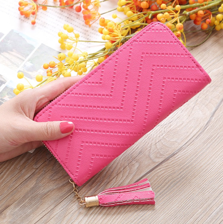 New women's wallet single pull fringed bag long zipper student bag clutch bag
