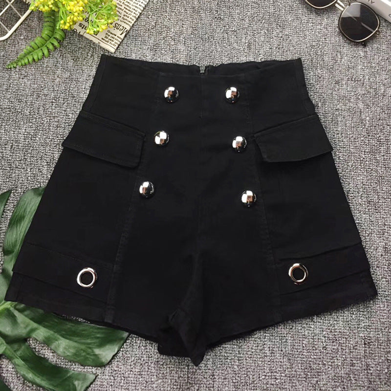 Mid-waist double-breasted denim shorts
