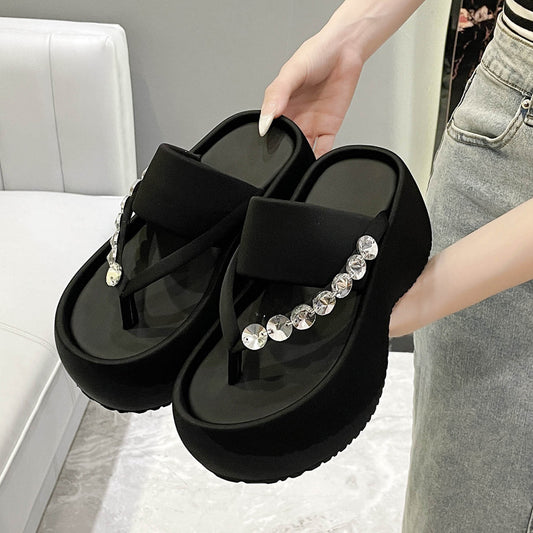 Women's Thick-soled Stylish Flip-flops Rhinestone Temperament Leisure Slippers
