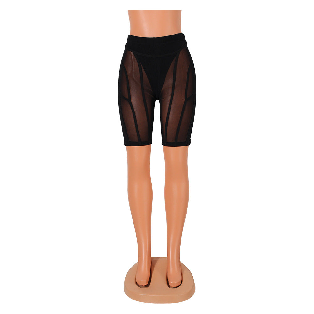Fashion Tight-fitting Mesh See-through Stitching Shorts Five-point Pants