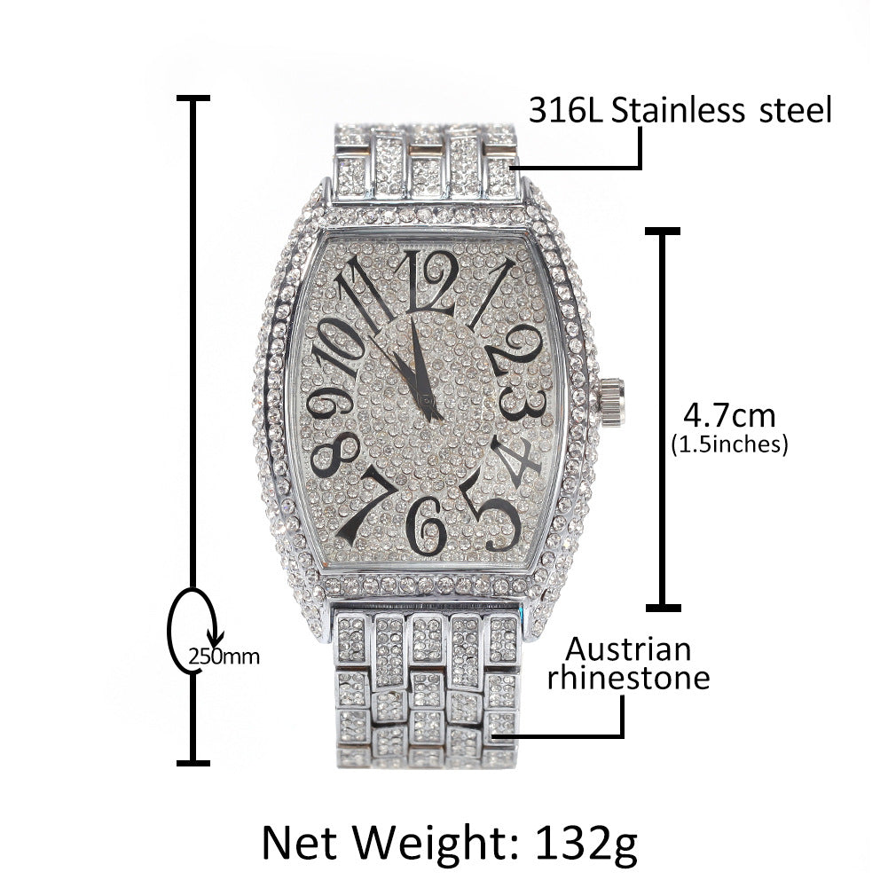 Large tonneau-shaped dial with full diamonds