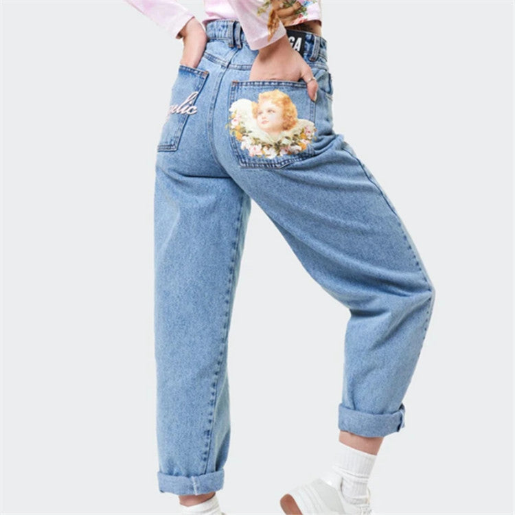 Female angel print loose and thin high waist all-match denim harem pants
