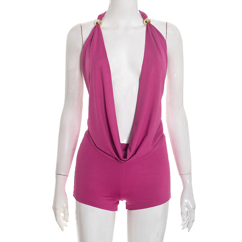 Ruffled Neckline Halter Backless Strap Sleeveless Top And Shorts Two Piece Set