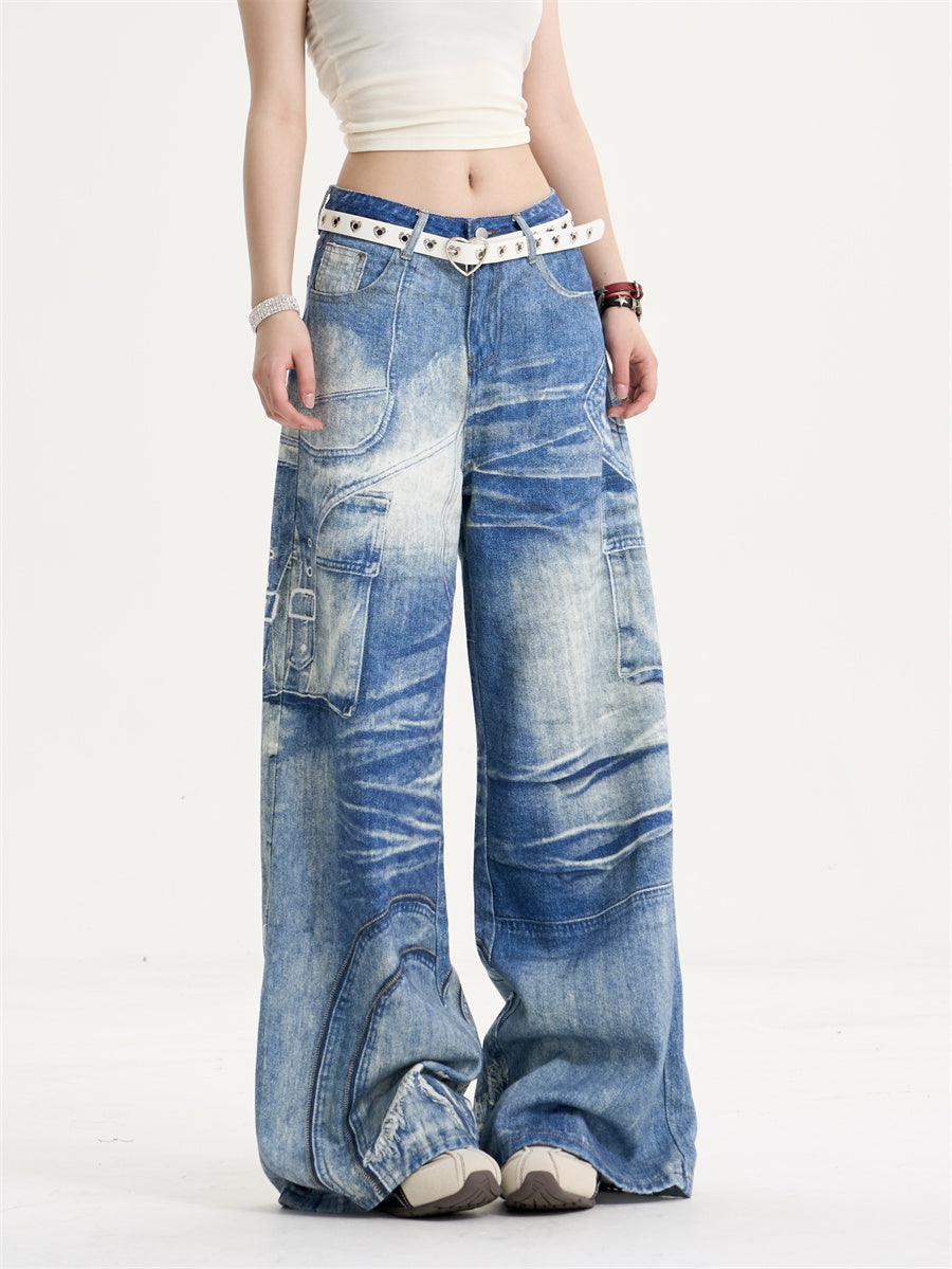 Amerikanske Retro Sweet Cool Printede Vidde Ben Jeans Dame Løse Slankende