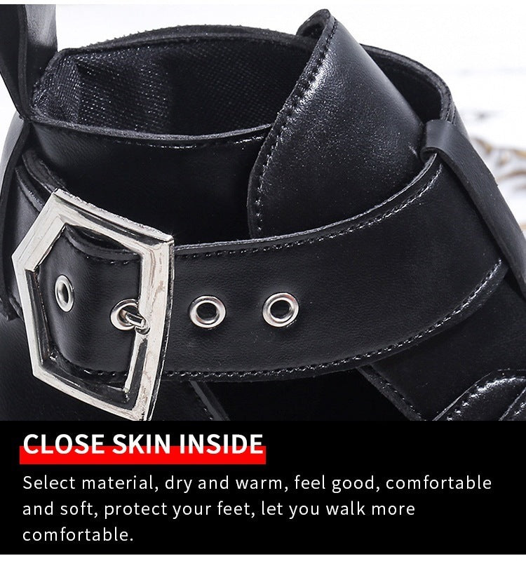 European And American Chunky Heel Platform Women's Belt Buckle Chain Fashion Boots