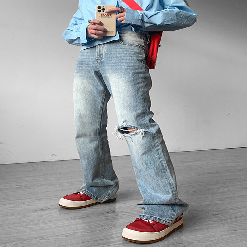 Light Blue High-end Niche Niche Knee Ripped Jeans