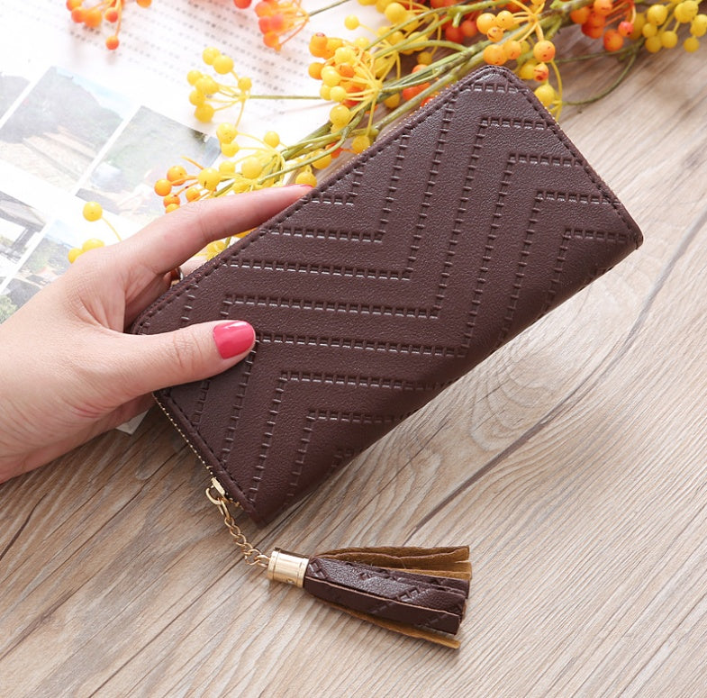 New women's wallet single pull fringed bag long zipper student bag clutch bag