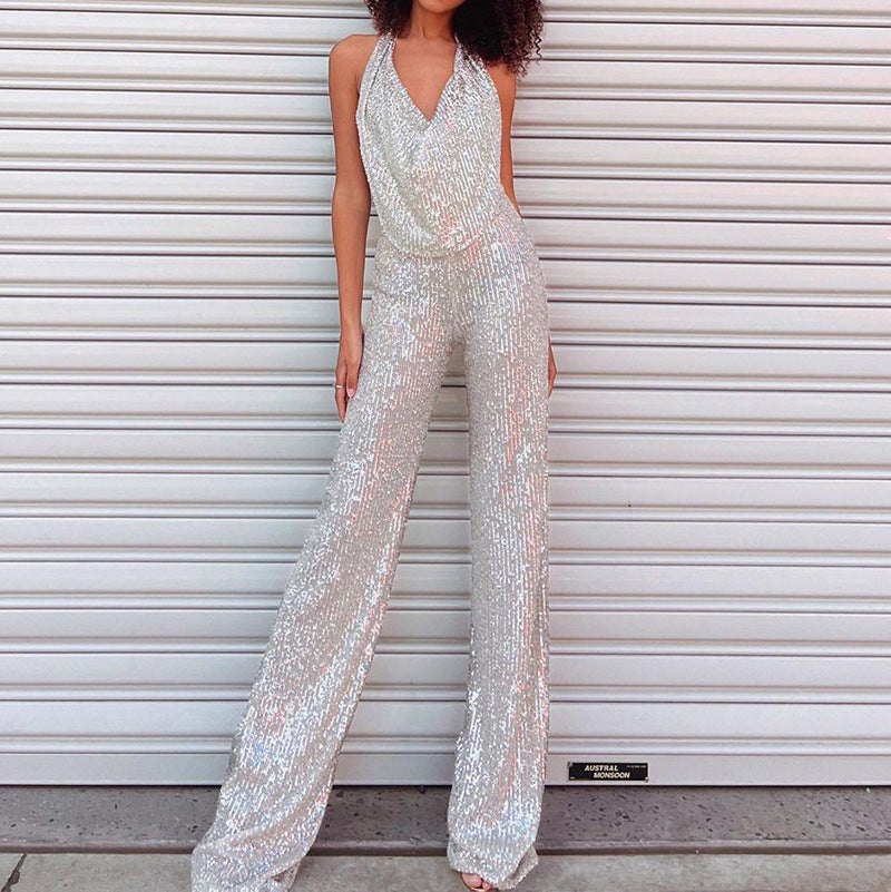 Fashionable Solid-Color Sequin Womens Sexy Backless Jumpsuit