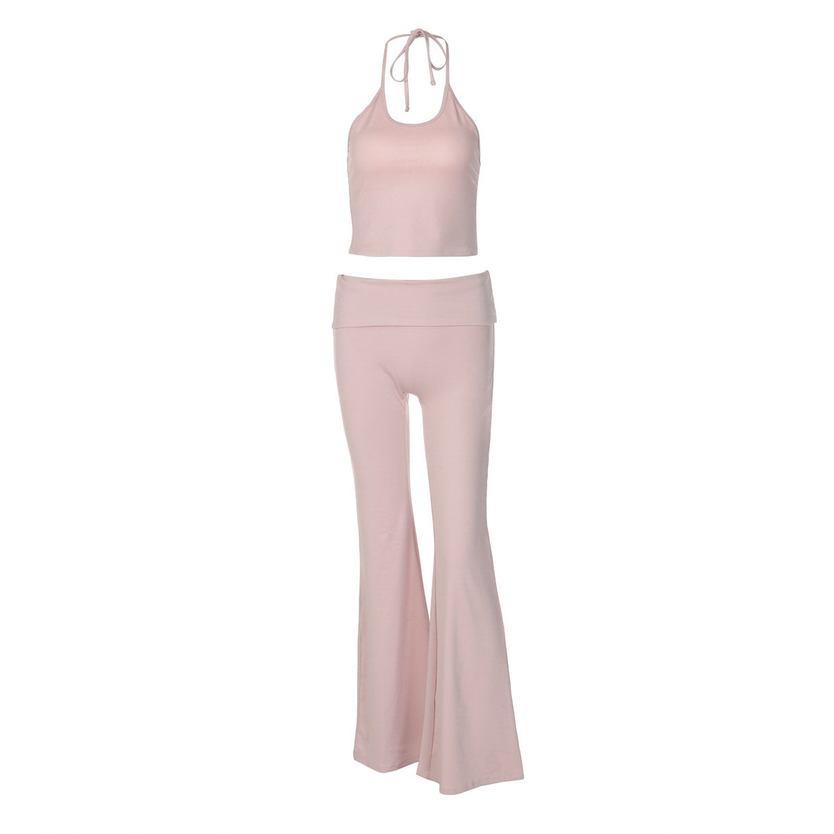 New Sexy Midriff-baring Halterneck Tank Top And Slim-fit High-waisted Flared Pants Set
