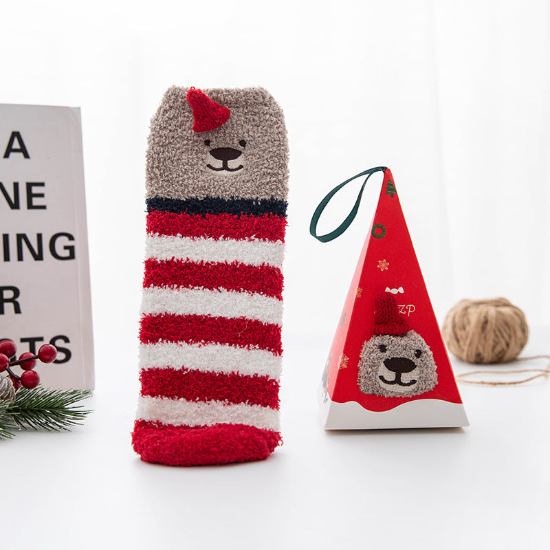 Christmas Stocking Triangle Boxed Coral Velvet Floor Socks Thickened