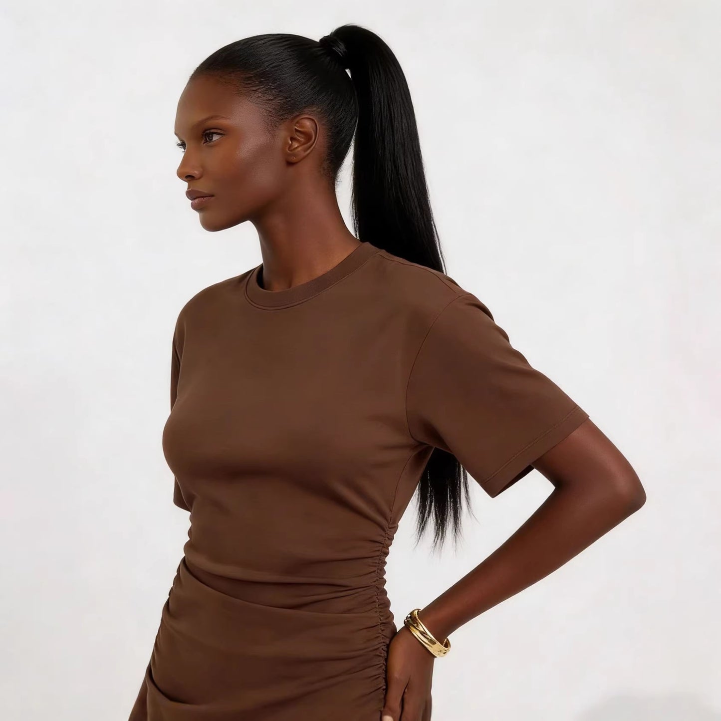 Elegant Solid-Color Crew-Neck Fitted Waist Pleated Bodycon Dress For Women