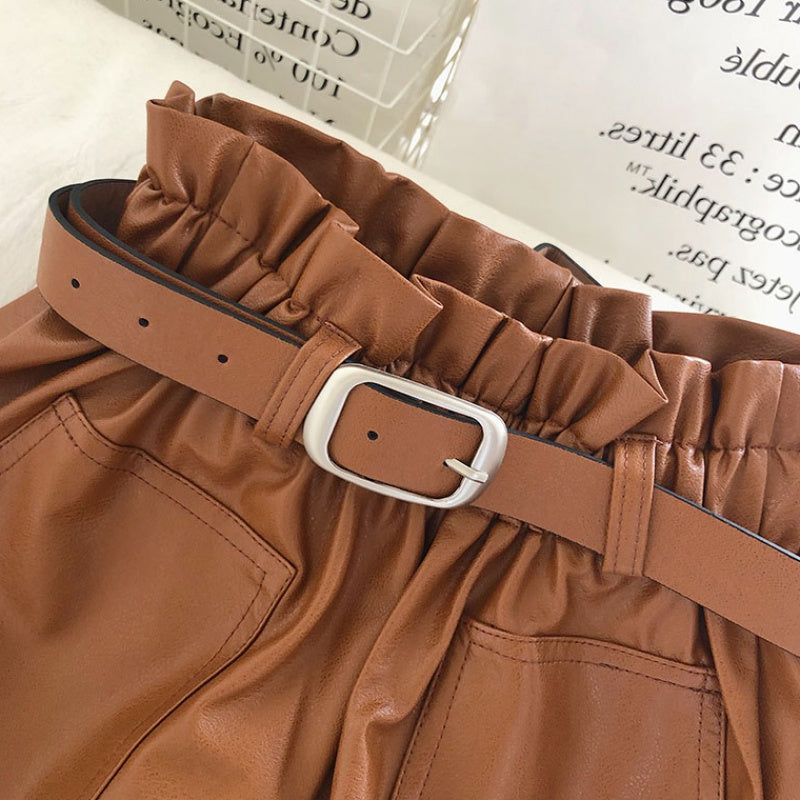 Double Pocket Solid Color A-Line PU Leather Pants With Belt
