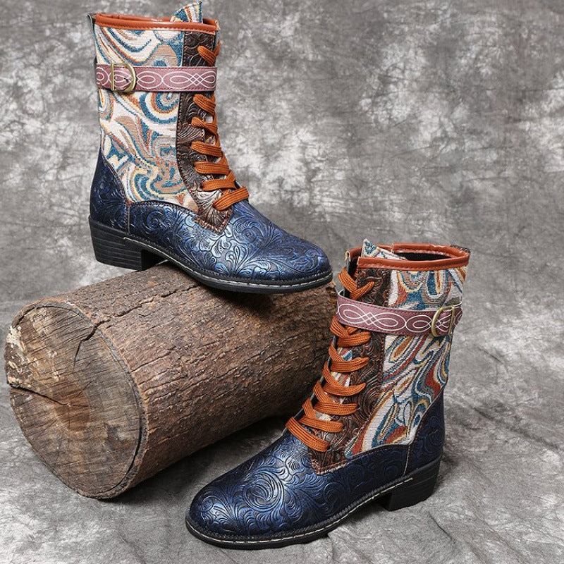 Retro Embroidered Ethnic Style Square Heel Martin Boots