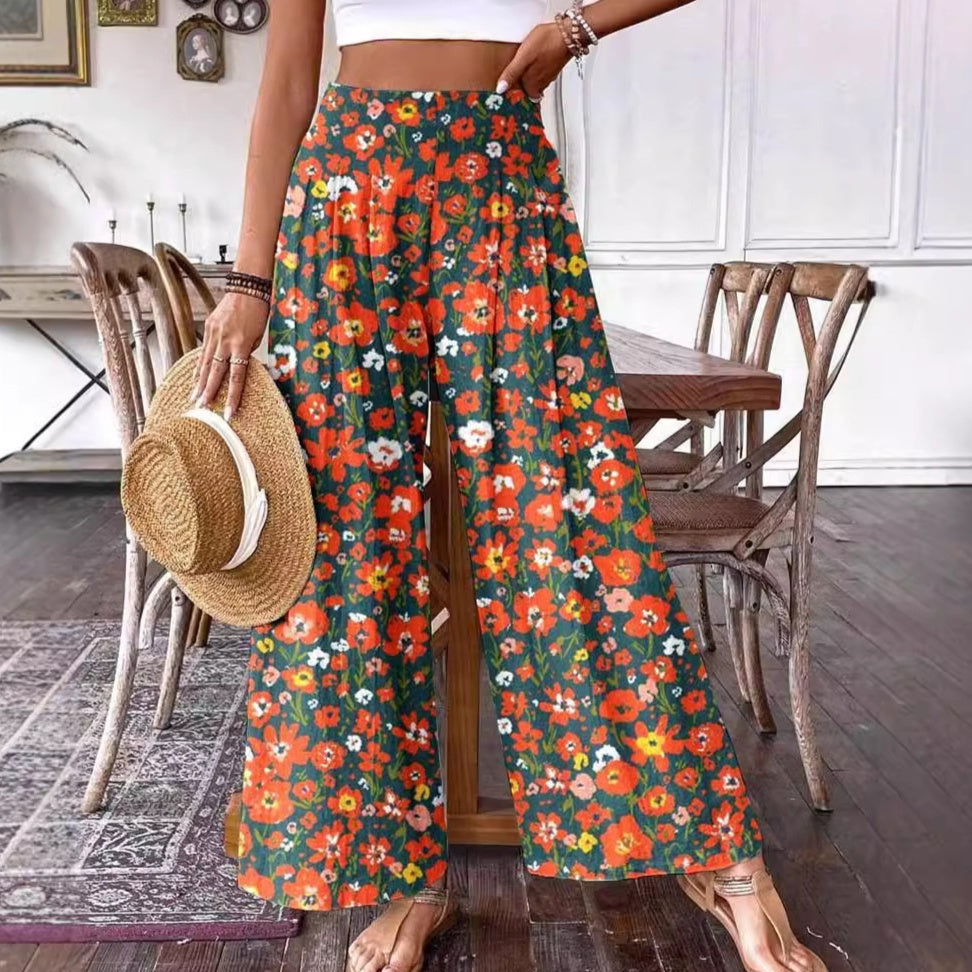 3D Floral Print Pattern Elegant High-waisted Wide-leg Women's Pants