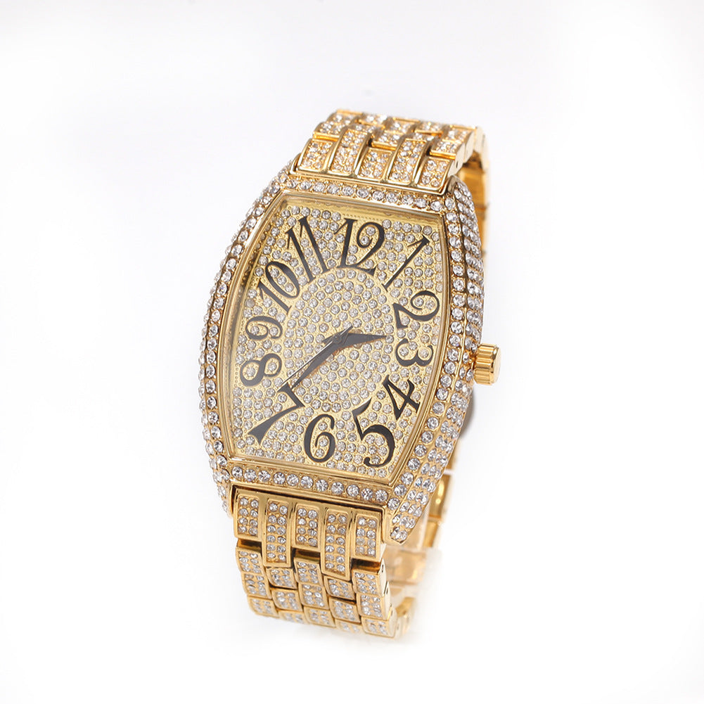 Large tonneau-shaped dial with full diamonds