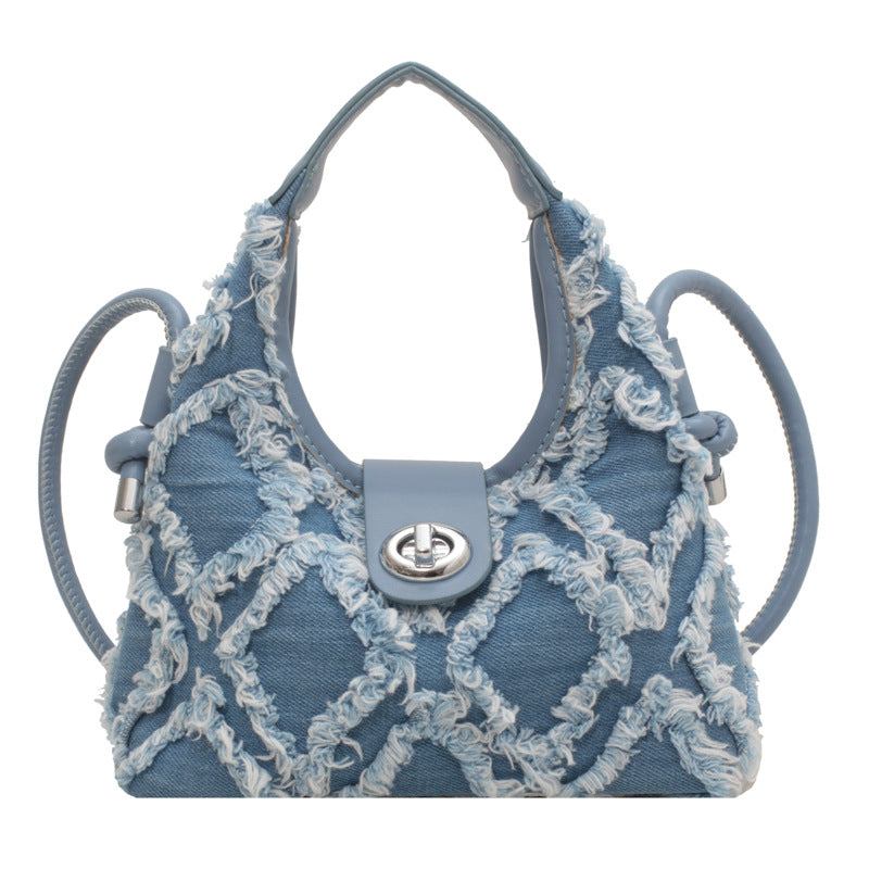 Women's Denim One Shoulder Cross Body Crescent Bag New Trend Tassel
