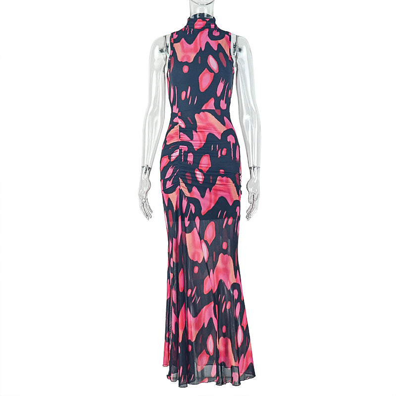 Printed Elegant Body-hugging Color-blocked High-neck Sleeveless Maxi Dress