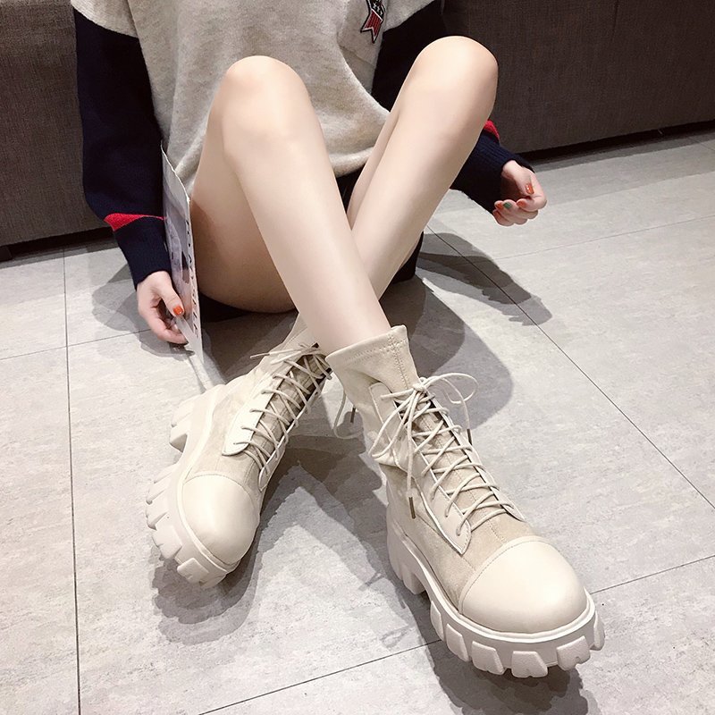 Front lace elastic thick-heeled knit British mid-tube net red socks boots