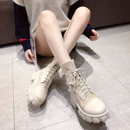 Front lace elastic thick-heeled knit British mid-tube net red socks boots