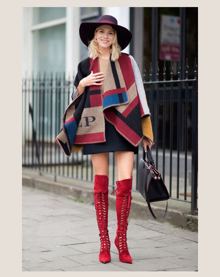 Color big color block cashmere wool shawl cloak