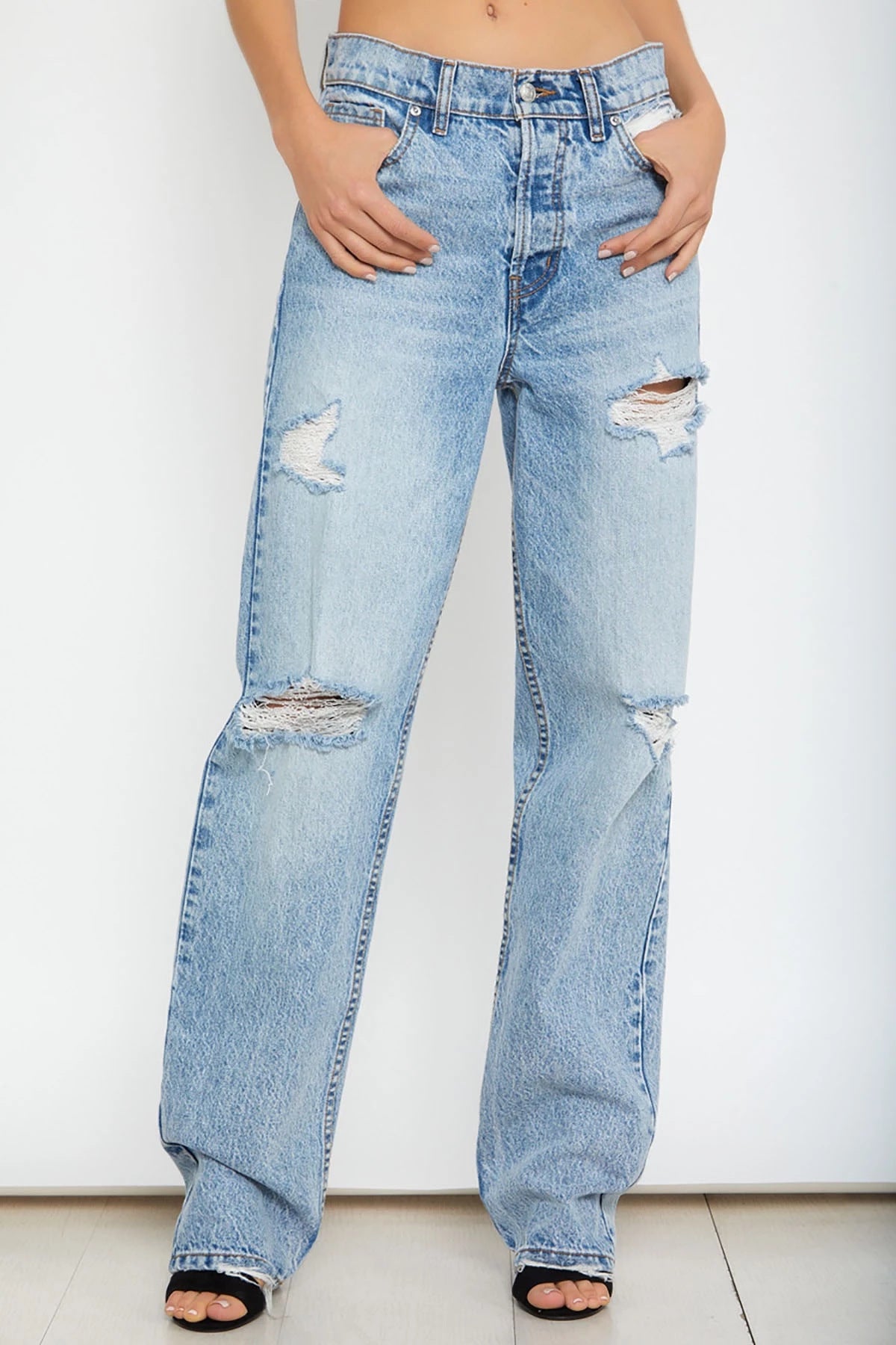 High waist ripped denim trousers