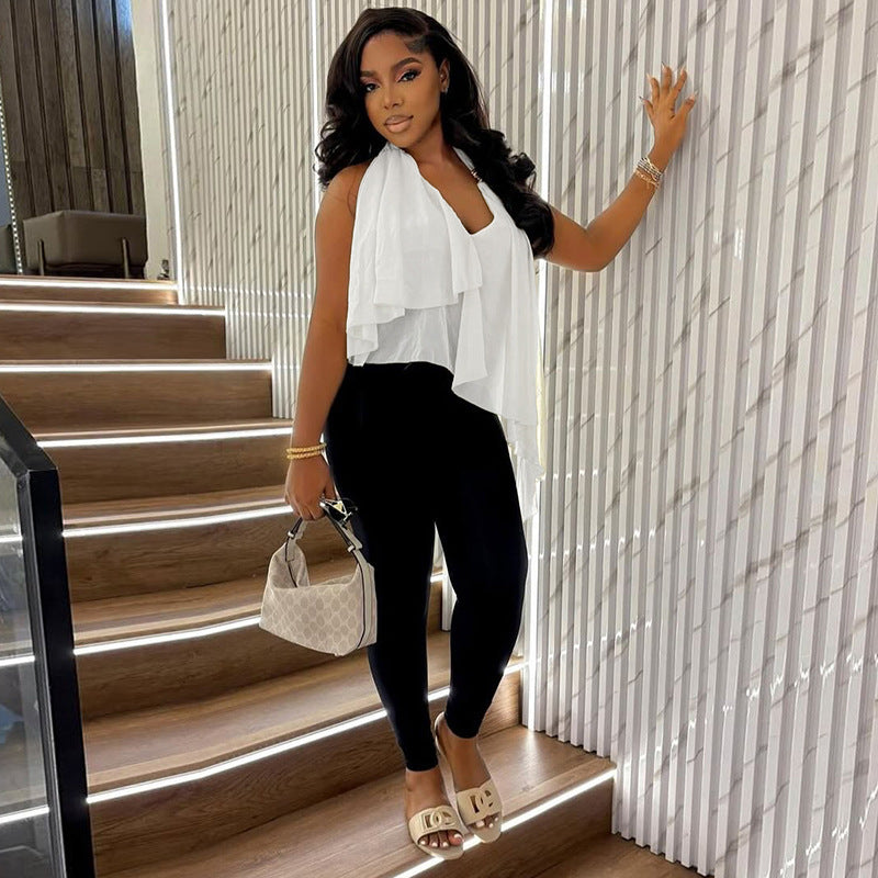 Irregular Solid-color Halter Top With Mesh Paneling