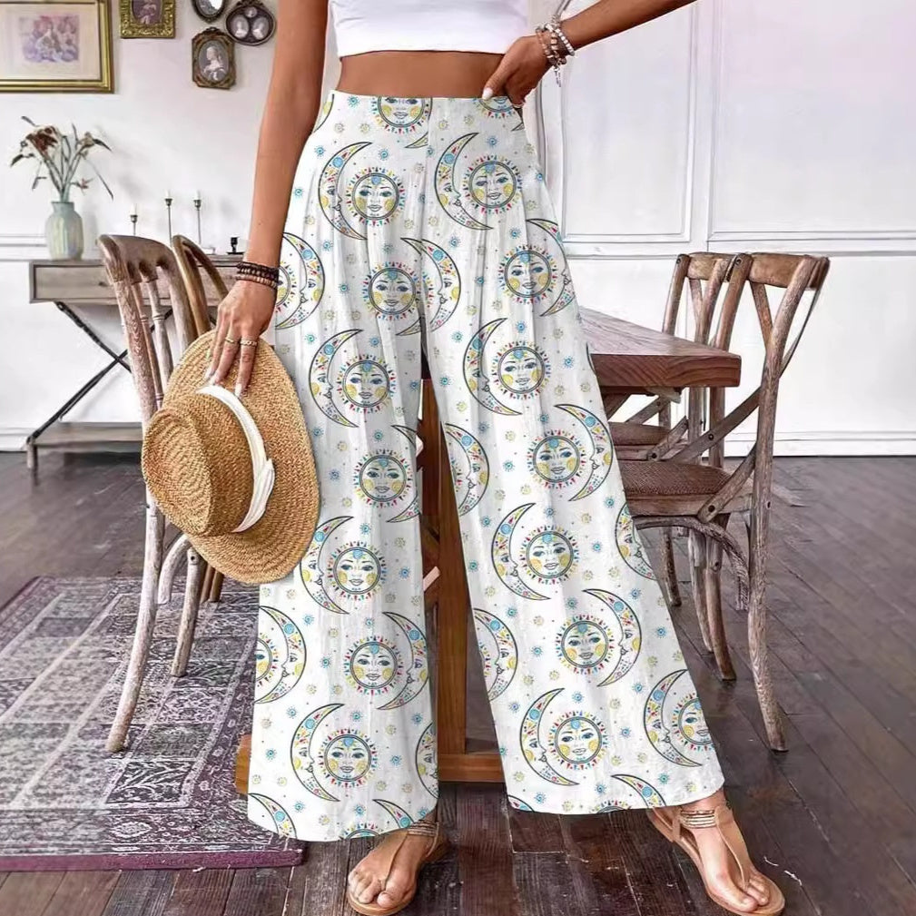 3D Floral Print Pattern Elegant High-waisted Wide-leg Women's Pants