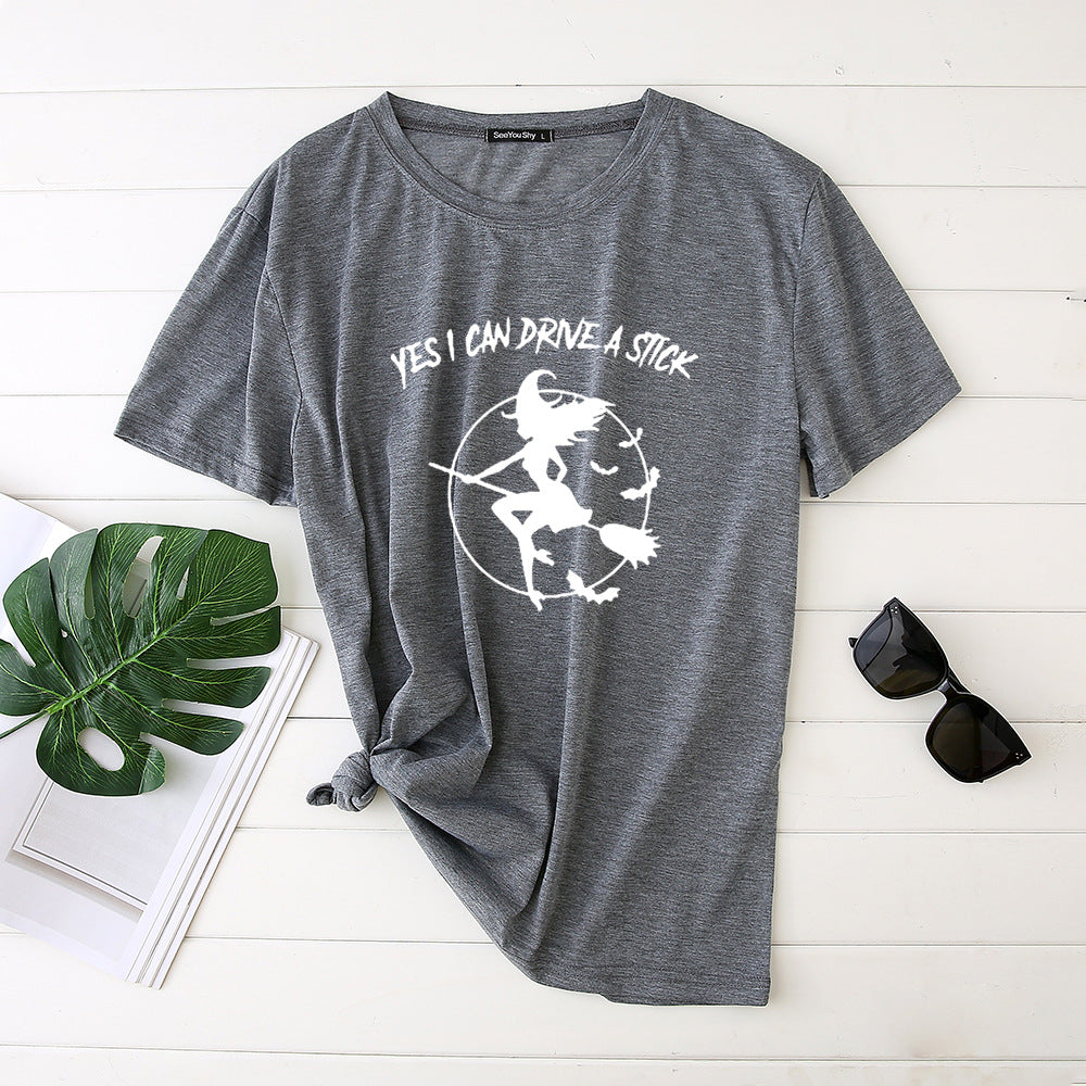 Flying Witch Print Crew Neck Short Sleeve T-Shirt