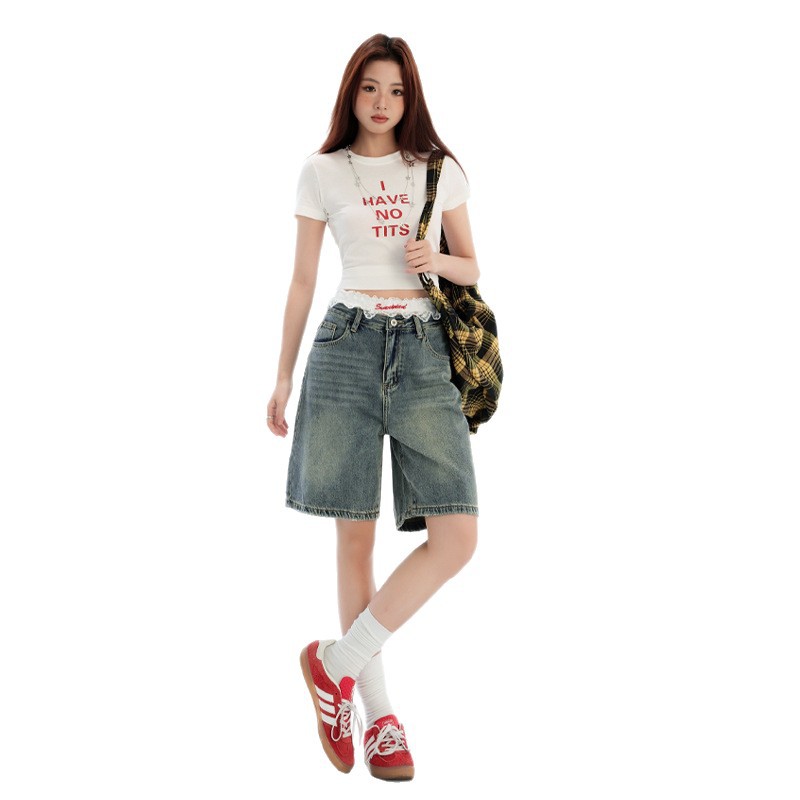 Womens Retro Blue High-Waisted Straight-Leg Cropped Denim Shorts