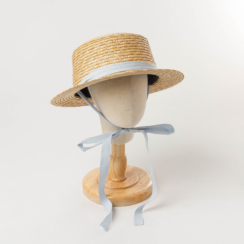 Children's Straw Flat Sun Hat With Strap