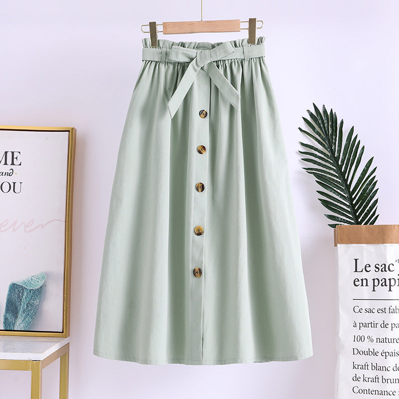 Summer New Artistic Solid Color Buttons Mid-length Skirt Mori Girl Elastic Waist Cotton And Linen A- Line Skirt