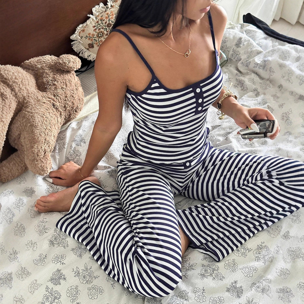 Casual Home Wear Set Striped Contrast-color Design With Buttoned Straps