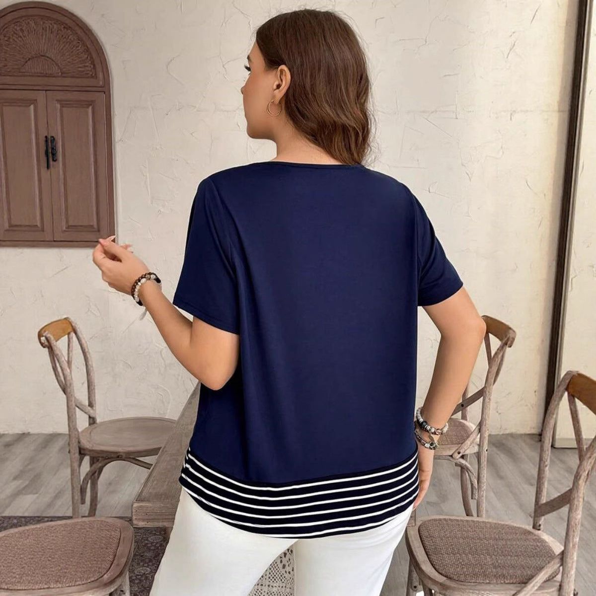 Patchwork Stripes Round Neck Loose Short Sleeves Fake Two-piece Top