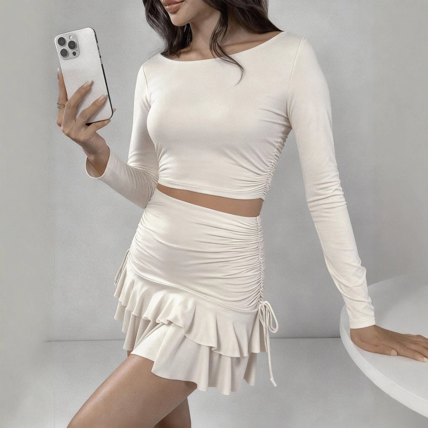 Slimming Ruched Bodycon Skirt And Long-Sleeve Top Two-Piece Set For Women