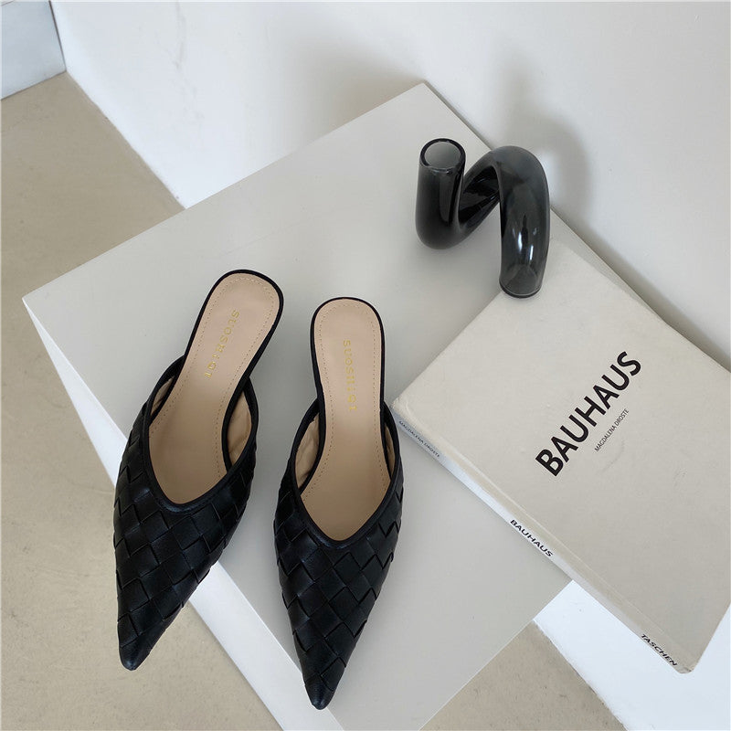 Woven pointed mid-heel half slippers