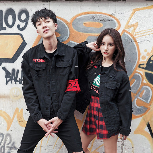 Couples Korean version of the cotton washed denim hole long sleeve jacket