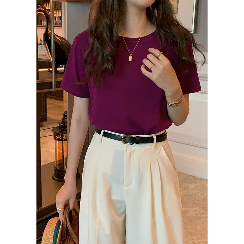 Women's Solid Color Round Neck Loose And Slim Short Sleeve T-shirt